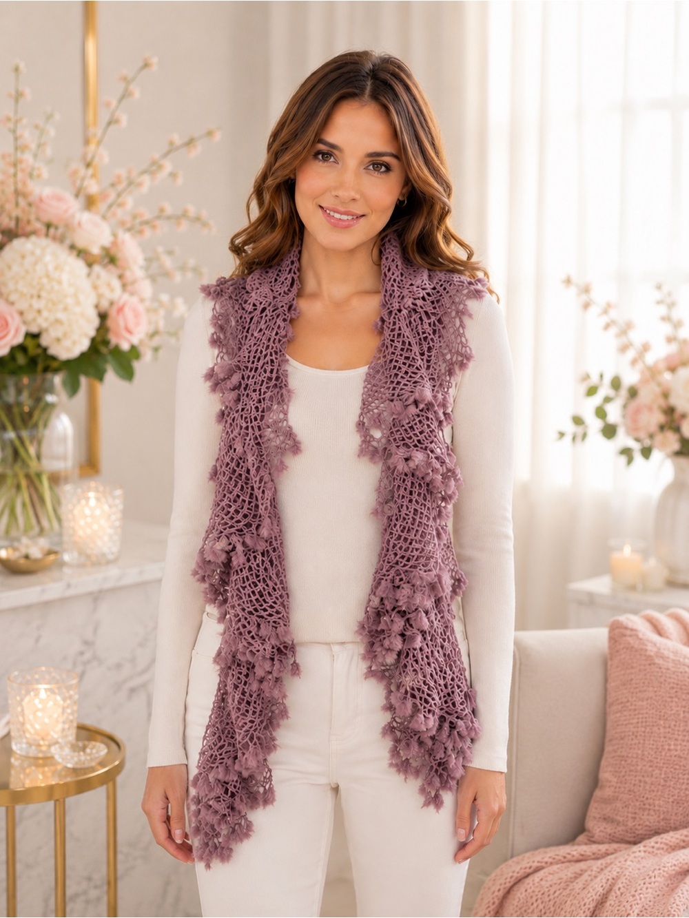 Boutique Mauve Pink Crochet Fringe Scarf Wrap | Boho Knit Shawl NWT